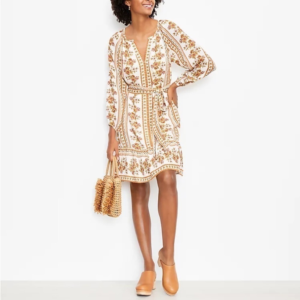 LOFT BOHO TIE WAIST V NECK FLORAL SHIFT DRESS